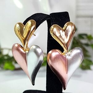 Tricolor Gold Heart on Heart Drop Earrings